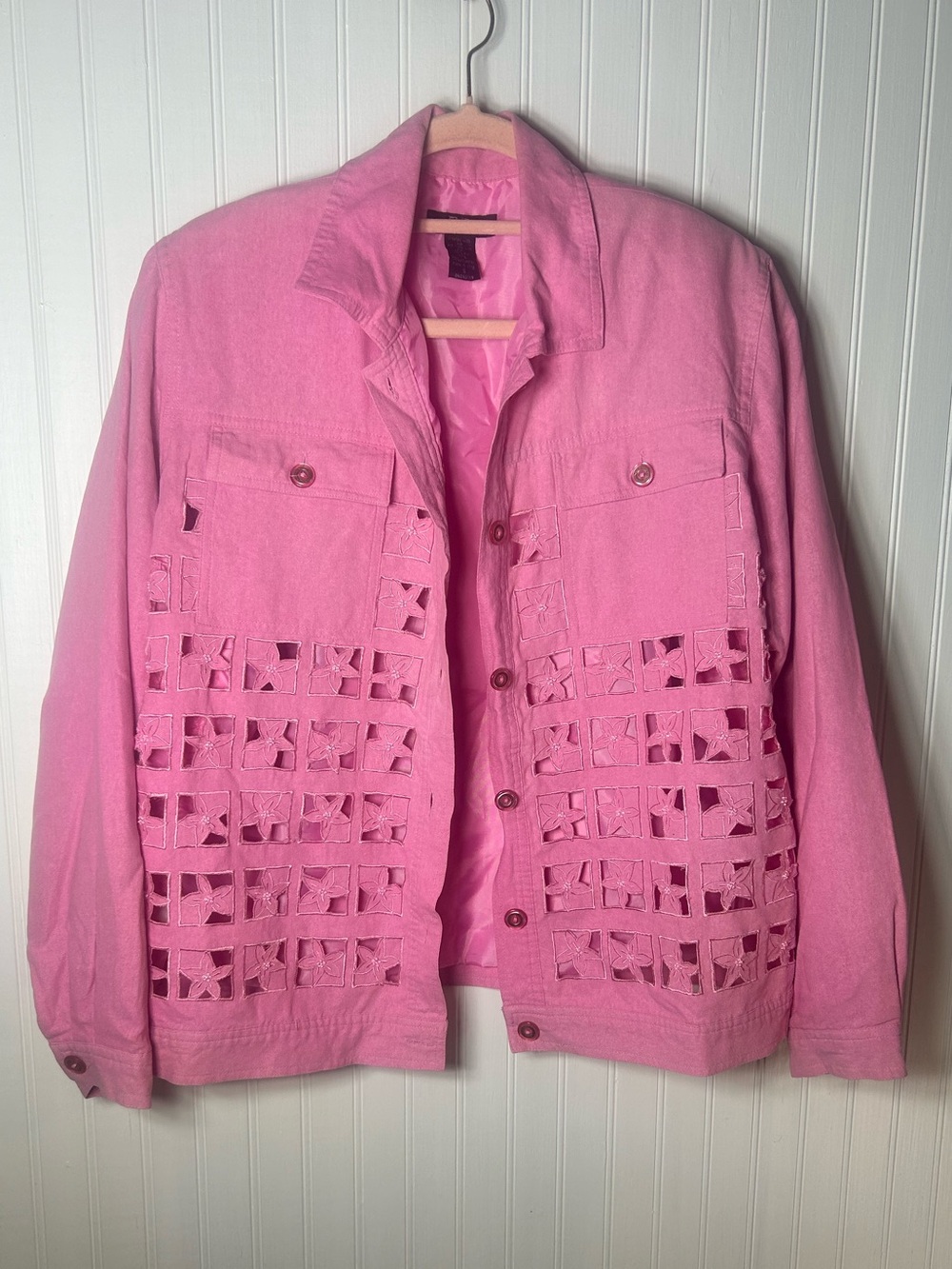 Vintage pink Cutout Panel Women's Jacket button up floral beaded Design silk